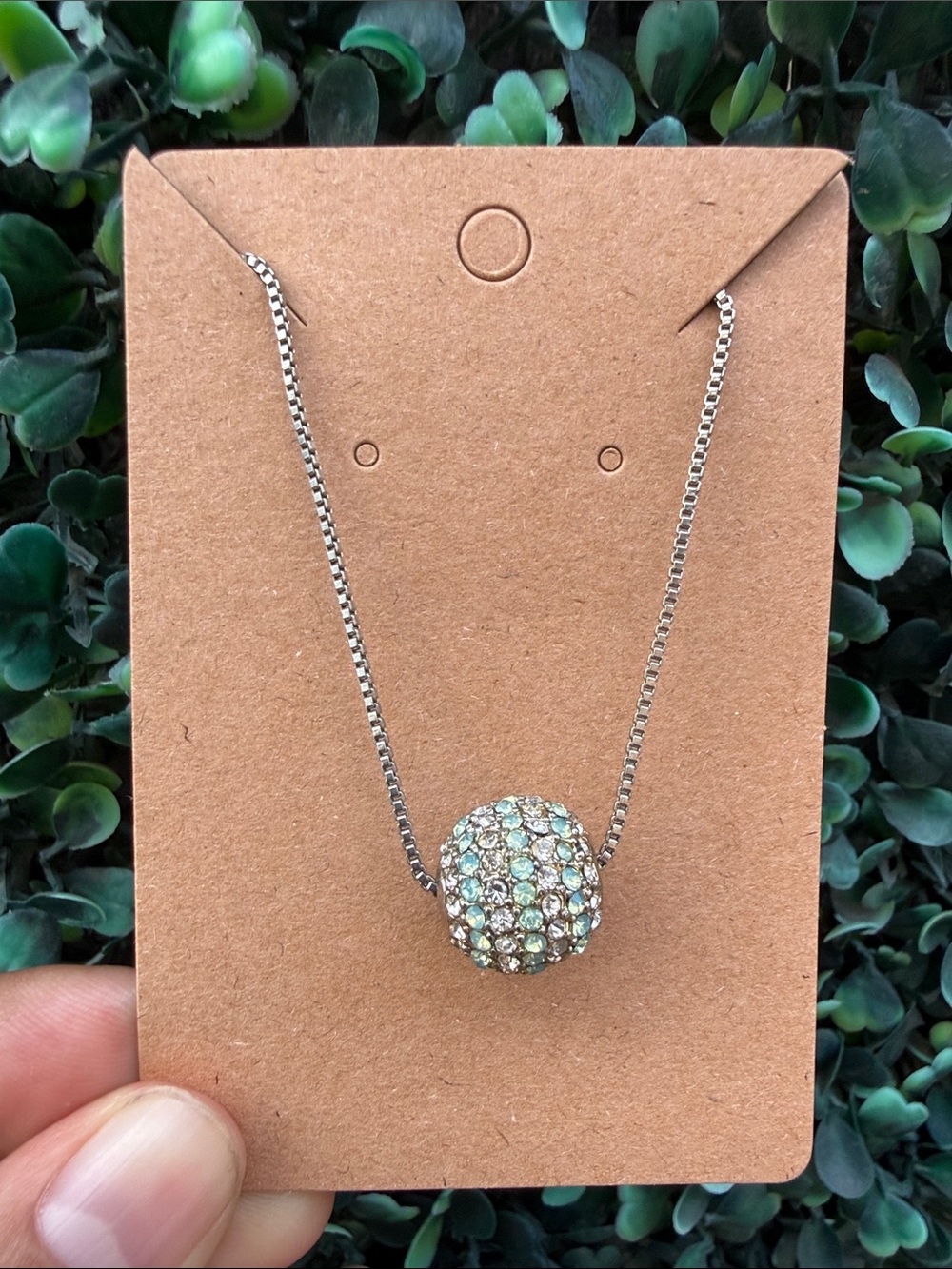 Crystal Pave Sphere Necklace - Silver with Light Green Crystals